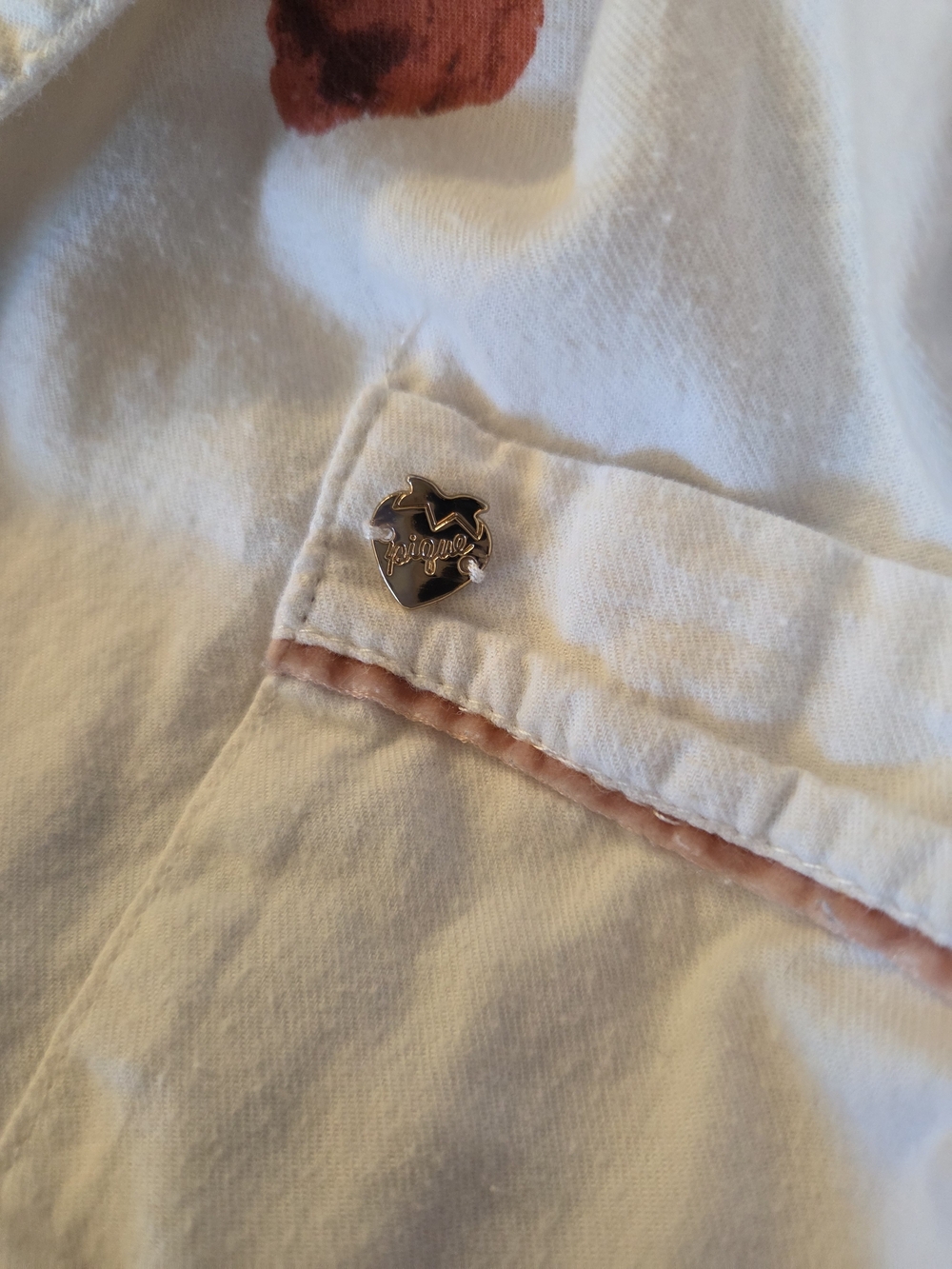 White Strawberry Print Button Down Collared Shirt With Front Pocket Charm - Picture 8 of 9